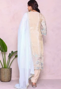 Embroidered Tissue Punjabi Suit in Light Beige