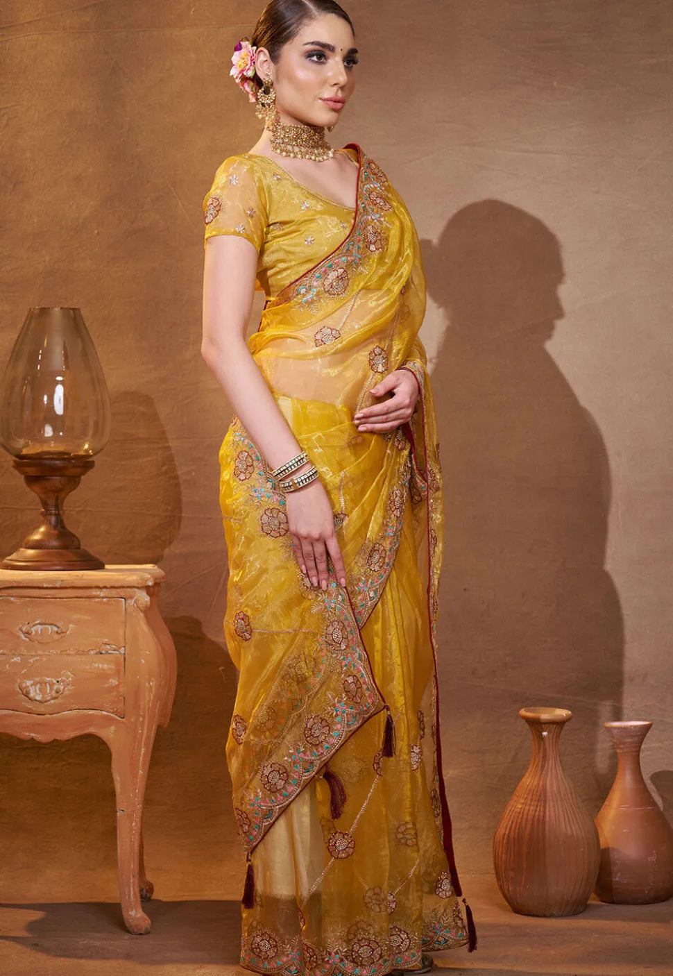Embroidered Tissue Saree in Yellow