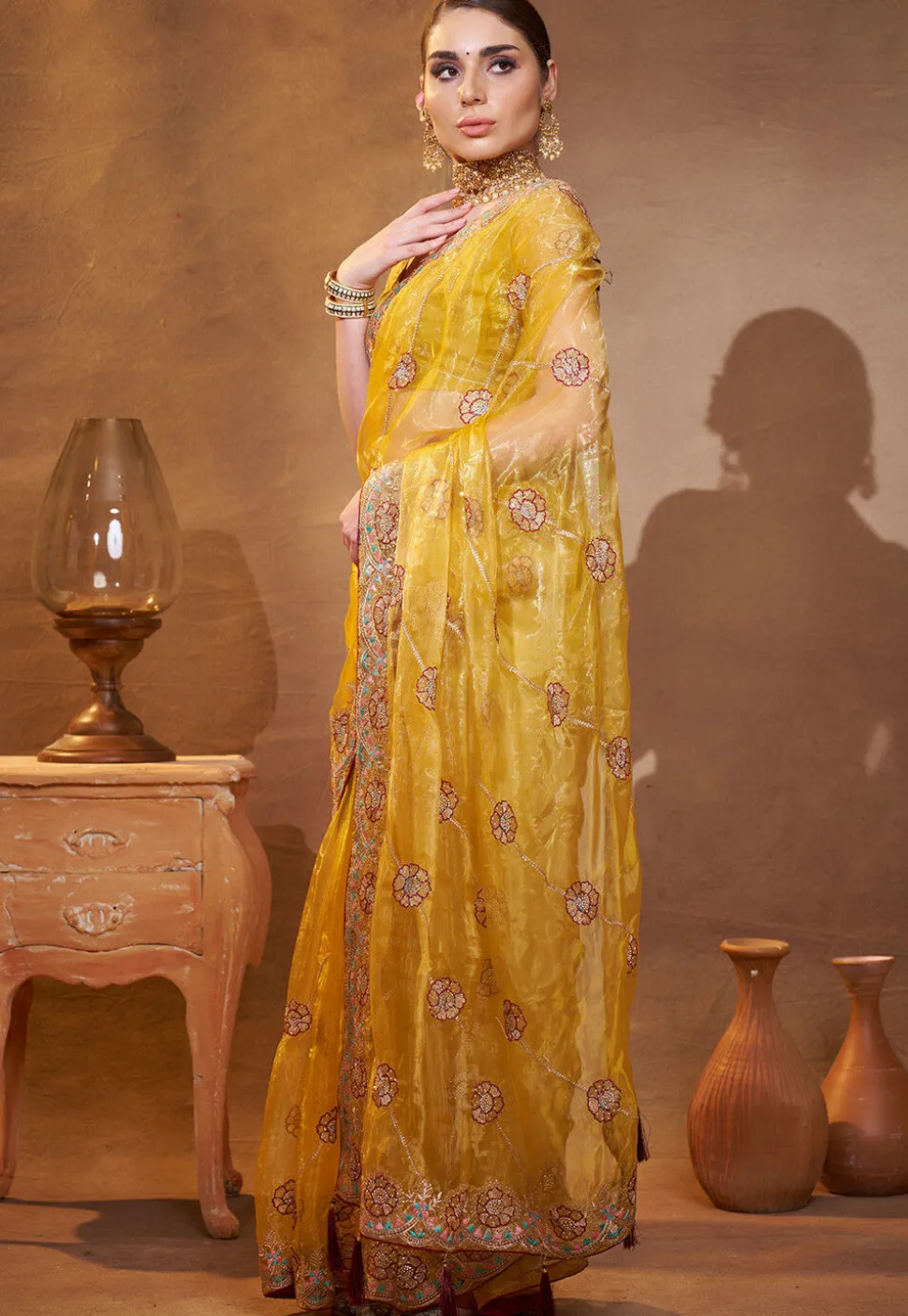 Embroidered Tissue Saree in Yellow