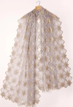 Embroidered Tissue Scalloped Dupatta in Light Grey
