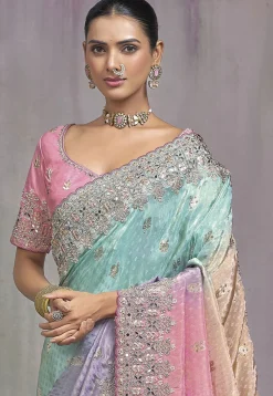 Embroidered Tissue Scalloped Saree in Multicolor