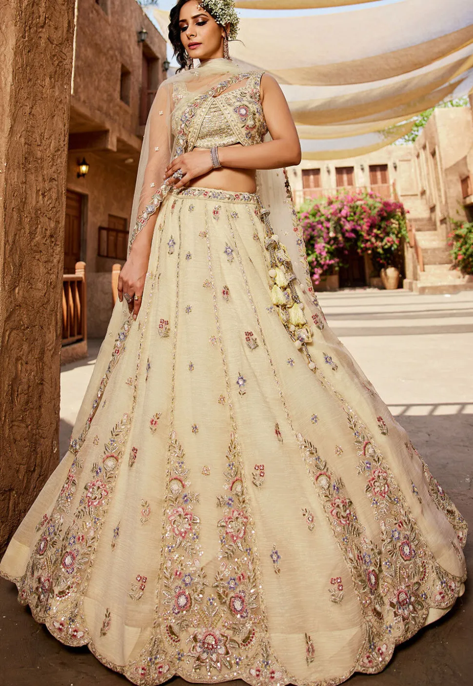 Embroidered Tissue Scalloped Lehenga in Pastel Yellow