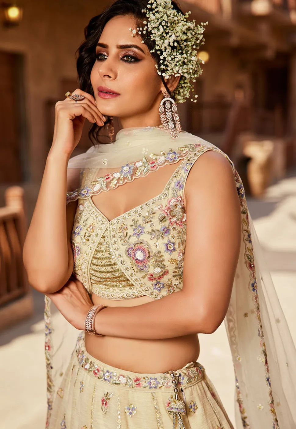 Embroidered Tissue Scalloped Lehenga in Pastel Yellow