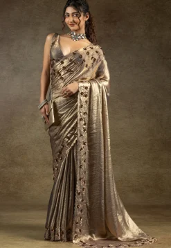 Embroidered Tissue Shimmer Scalloped Saree in Golden
