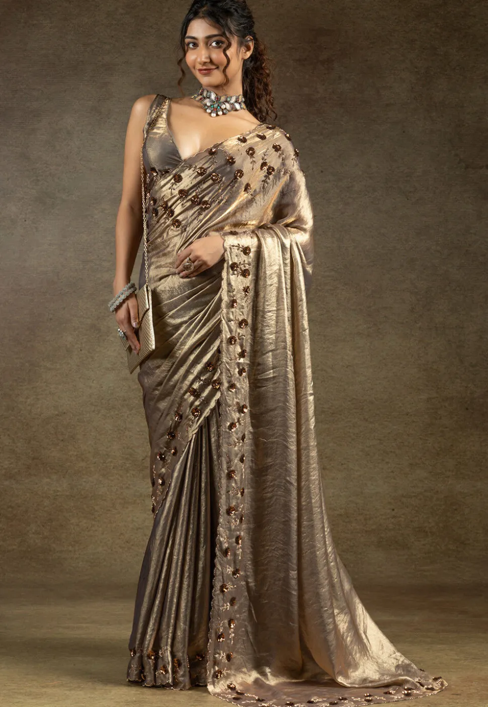 Embroidered Tissue Shimmer Scalloped Saree in Golden