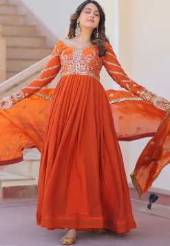 Embroidered Tissue Silk Abaya Style Suit in Orange