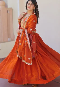 Embroidered Tissue Silk Abaya Style Suit in Orange