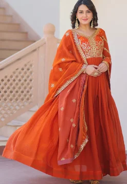 Embroidered Tissue Silk Abaya Style Suit in Orange