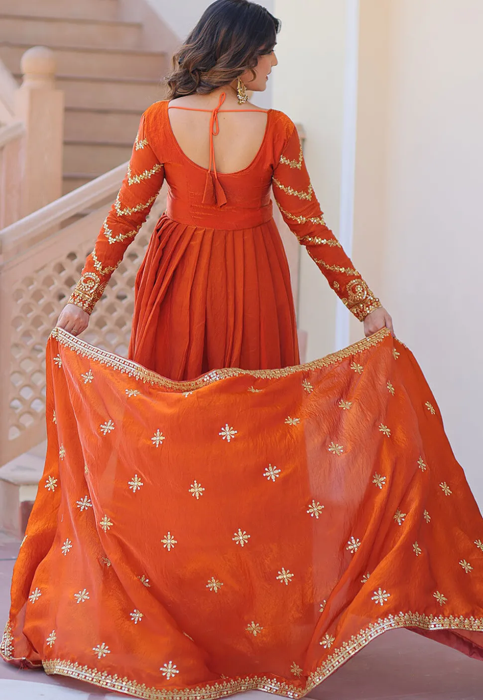 Embroidered Tissue Silk Abaya Style Suit in Orange