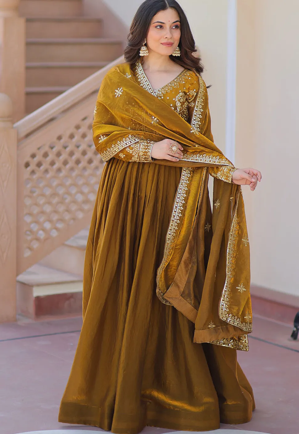 Embroidered Tissue Silk Abaya Style Suit in Mustard