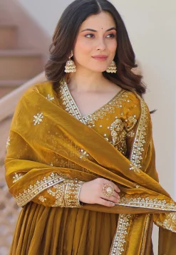 Embroidered Tissue Silk Abaya Style Suit in Mustard