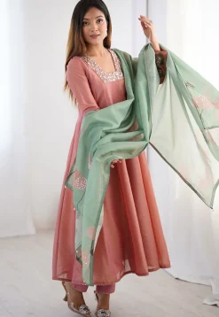 Embroidered Tissue Silk Anarkali Suit in Peach