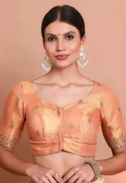 Embroidered Tissue Silk Blouse in Peach