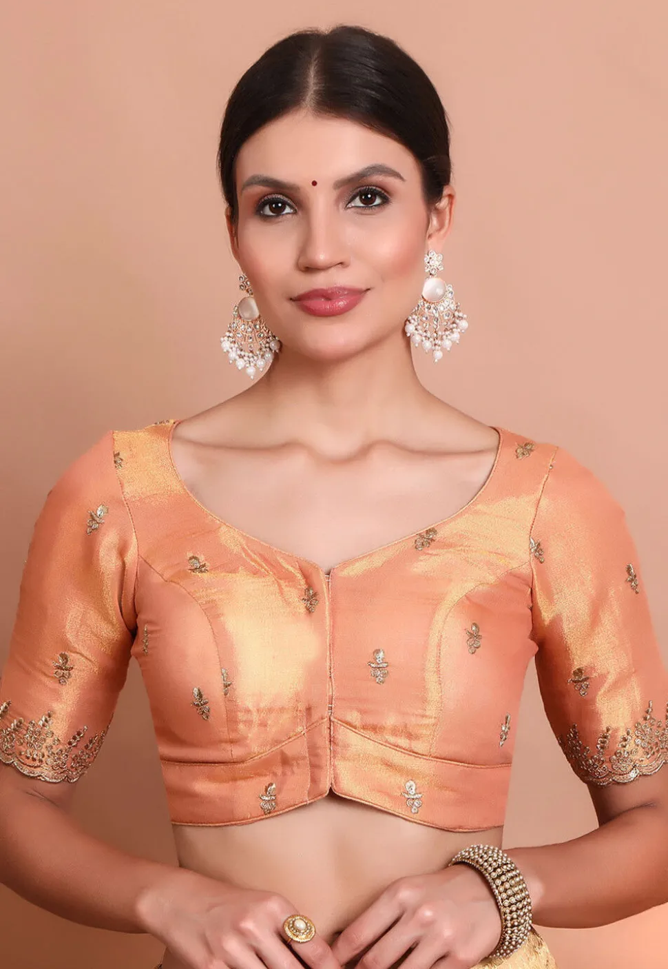 Embroidered Tissue Silk Blouse in Peach