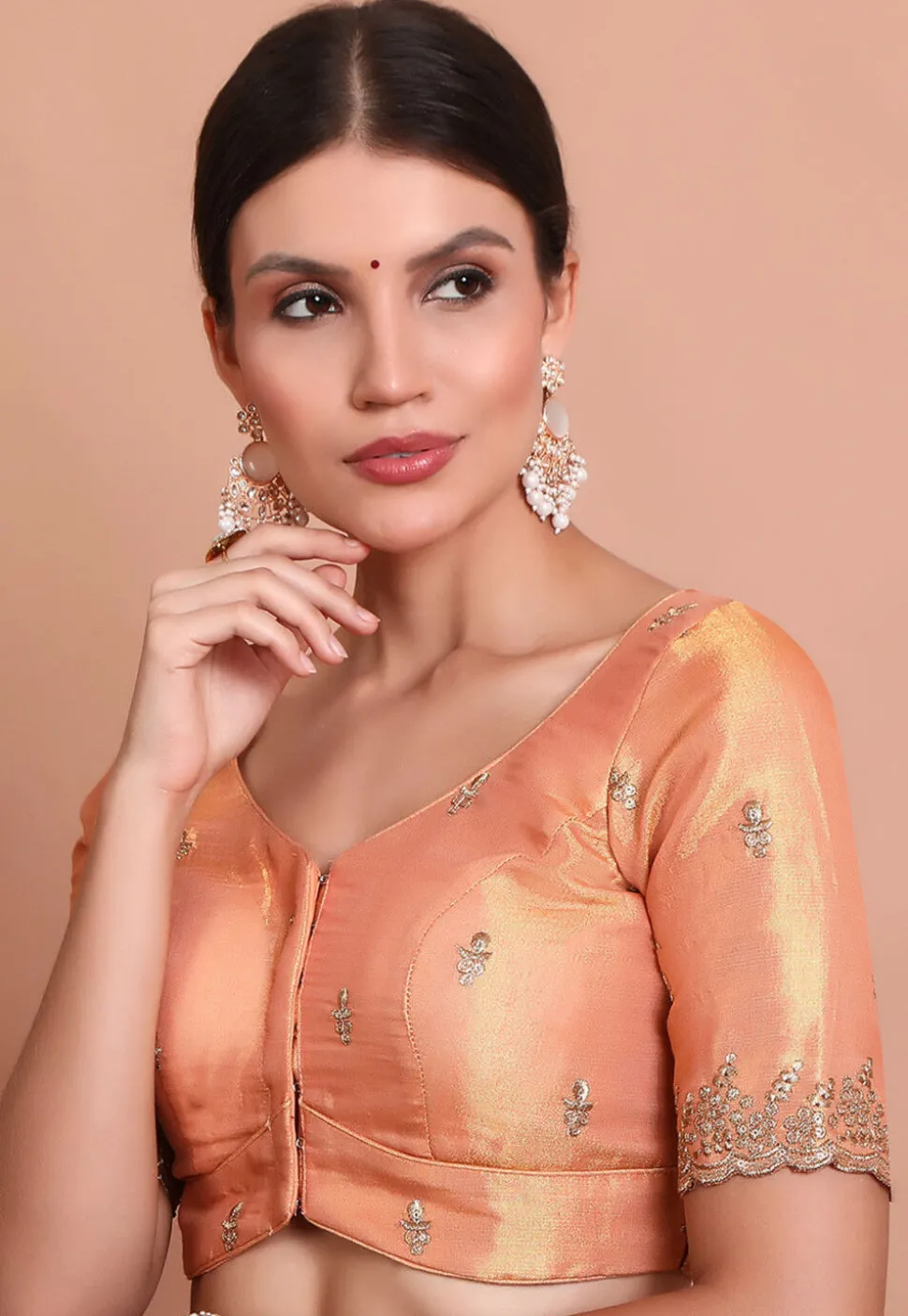 Embroidered Tissue Silk Blouse in Peach