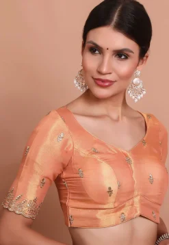 Embroidered Tissue Silk Blouse in Peach