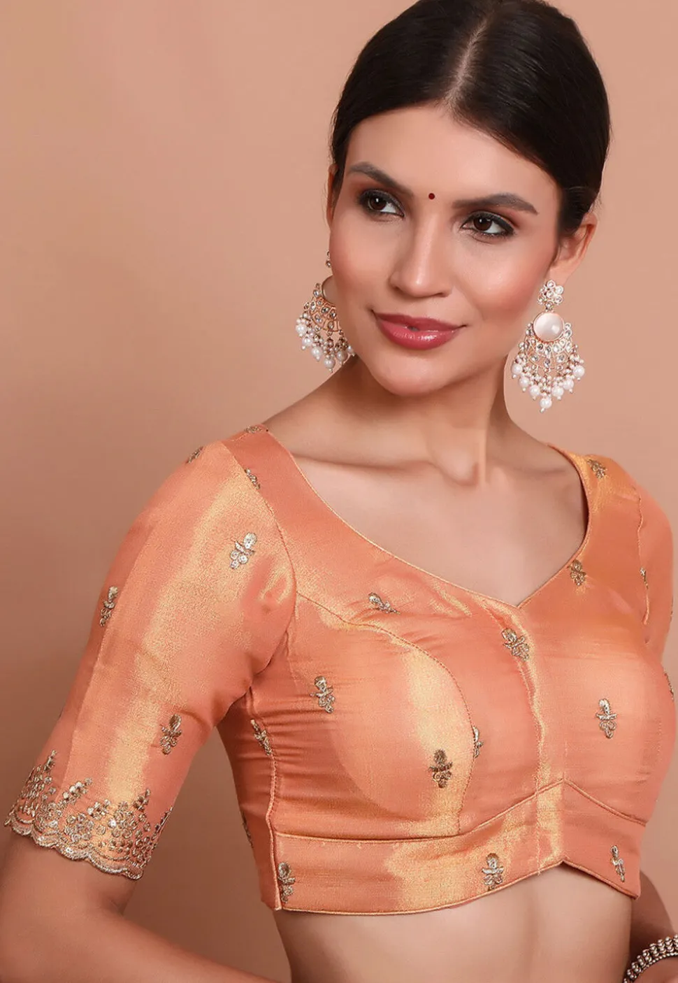 Embroidered Tissue Silk Blouse in Peach