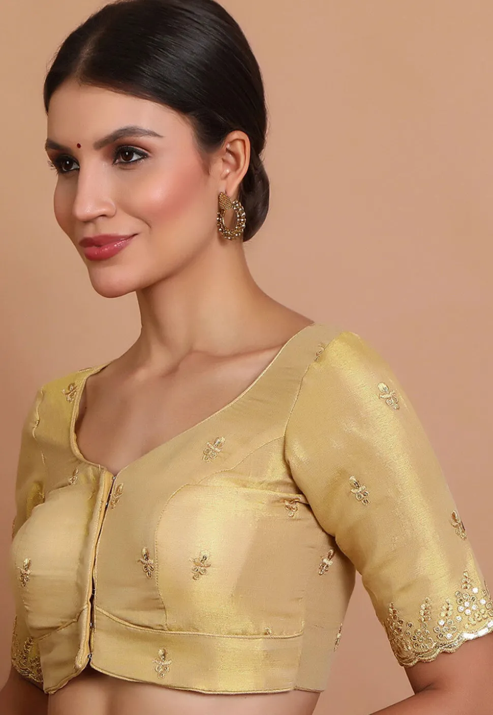 Embroidered Tissue Silk Blouse in Golden