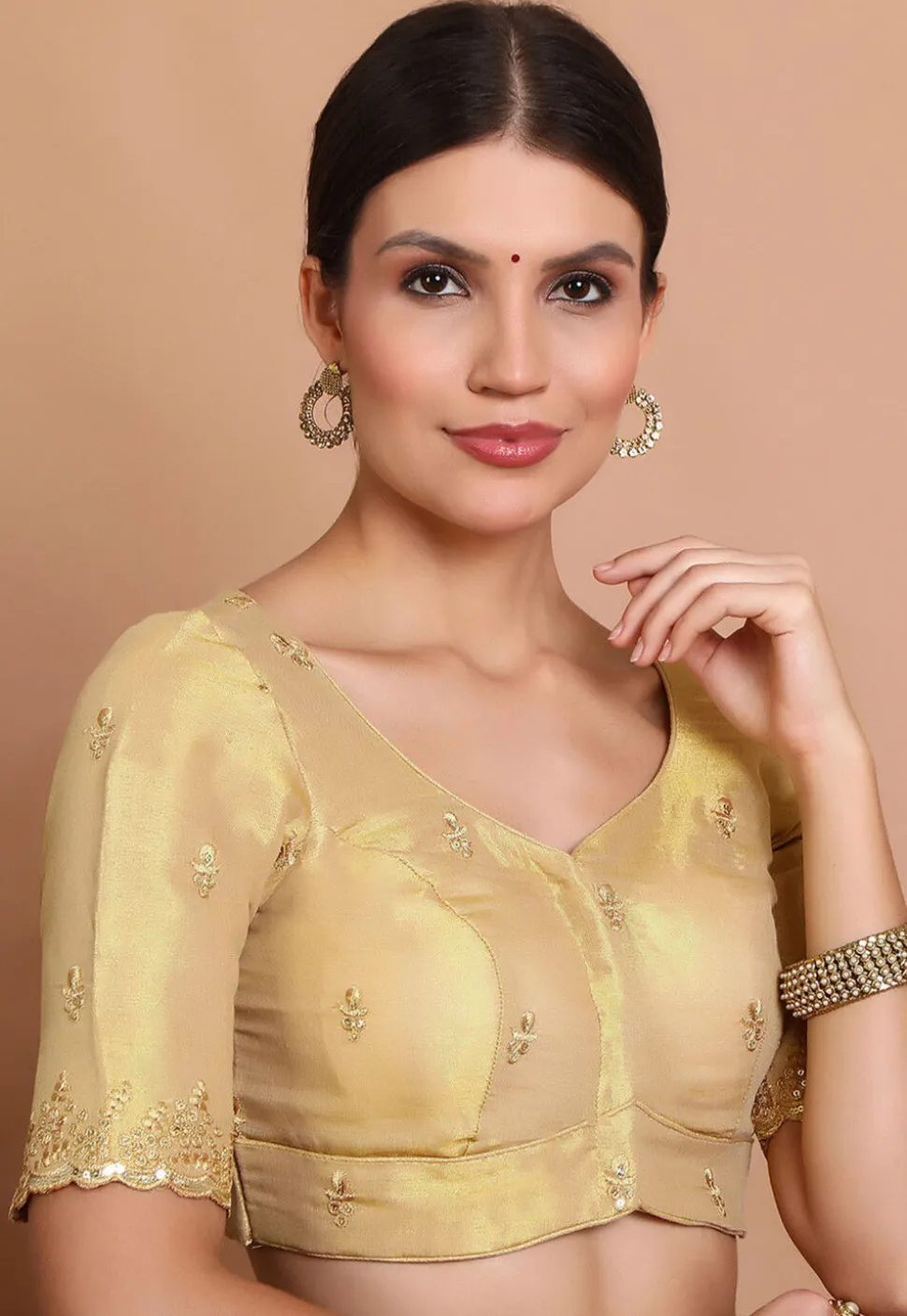 Embroidered Tissue Silk Blouse in Golden