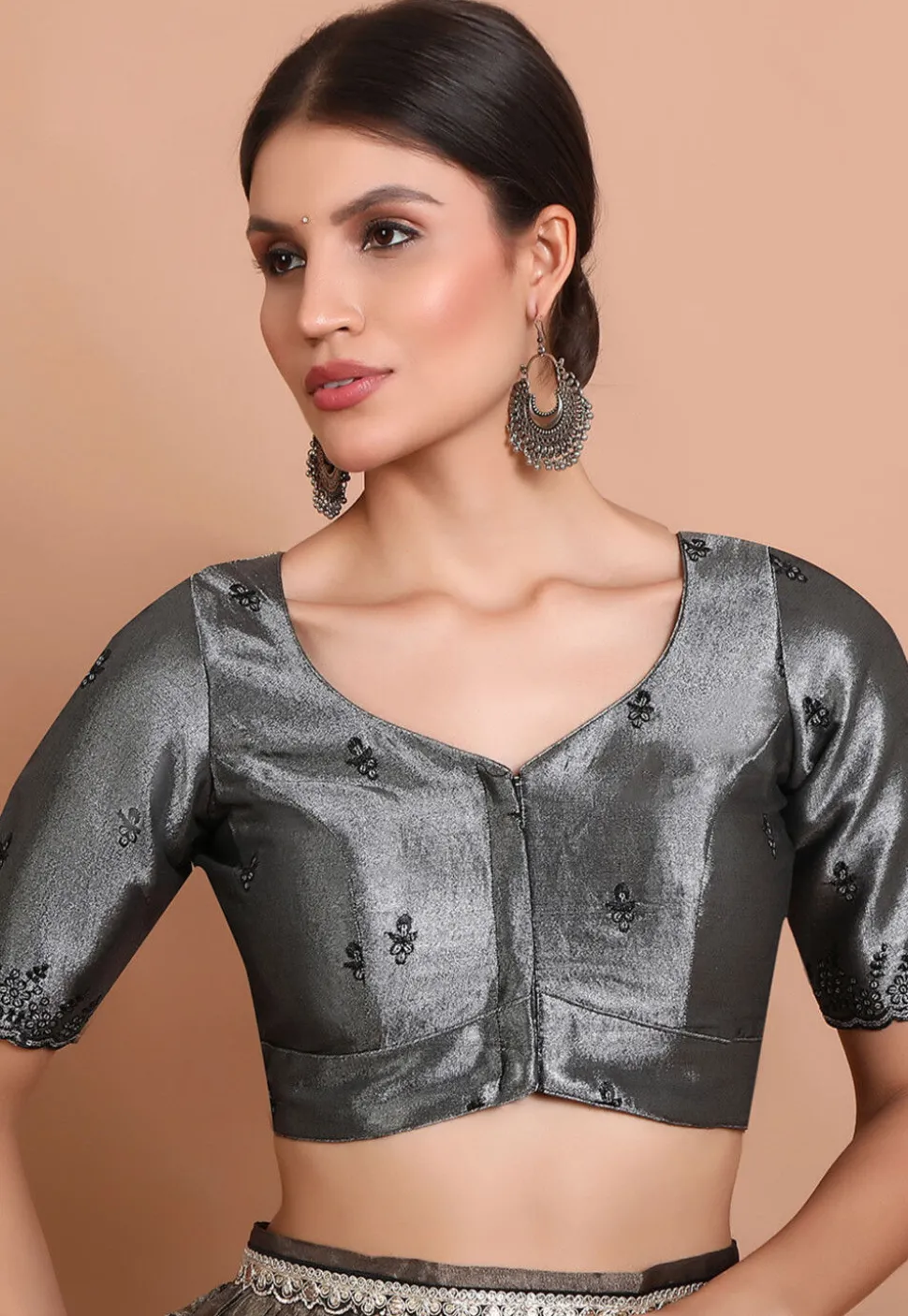 Embroidered Tissue Silk Blouse in Grey