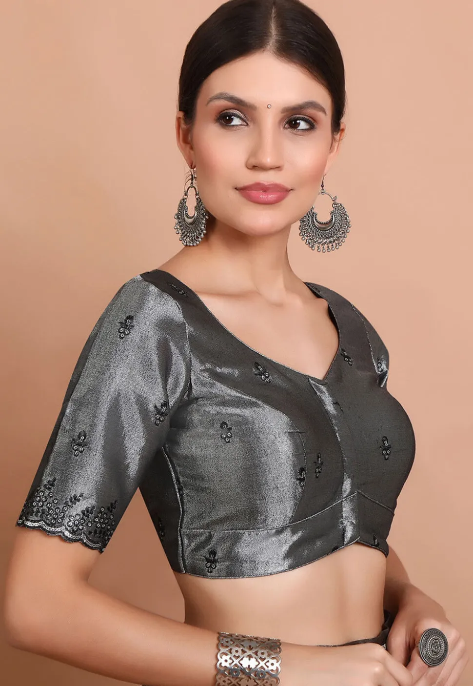 Embroidered Tissue Silk Blouse in Grey
