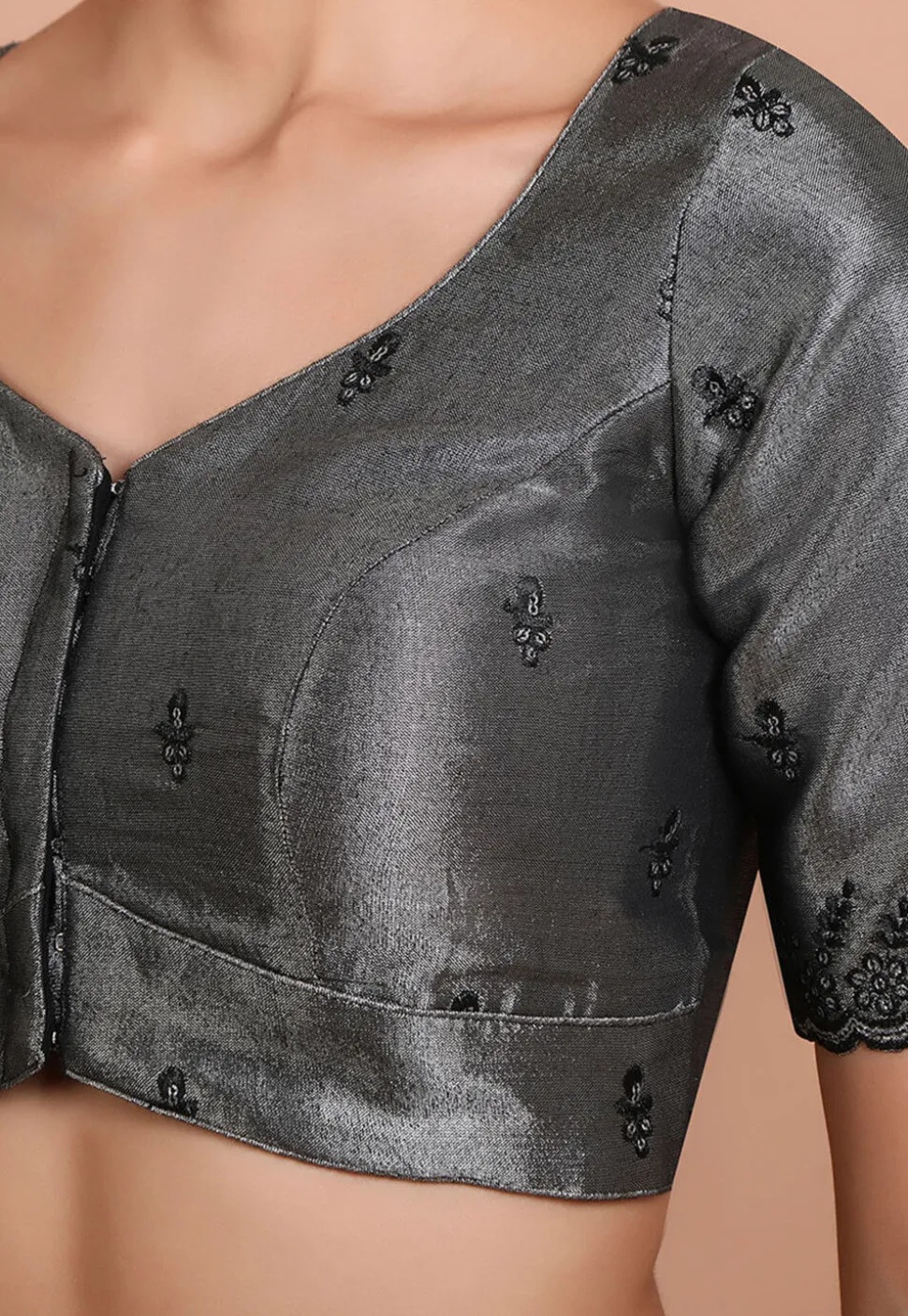Embroidered Tissue Silk Blouse in Grey