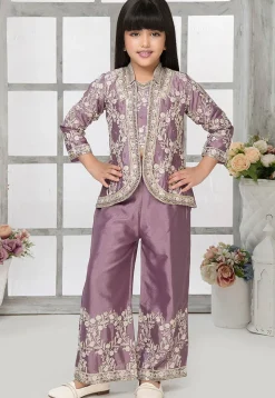 Embroidered Tissue Silk Crop Top Set in Light Purple