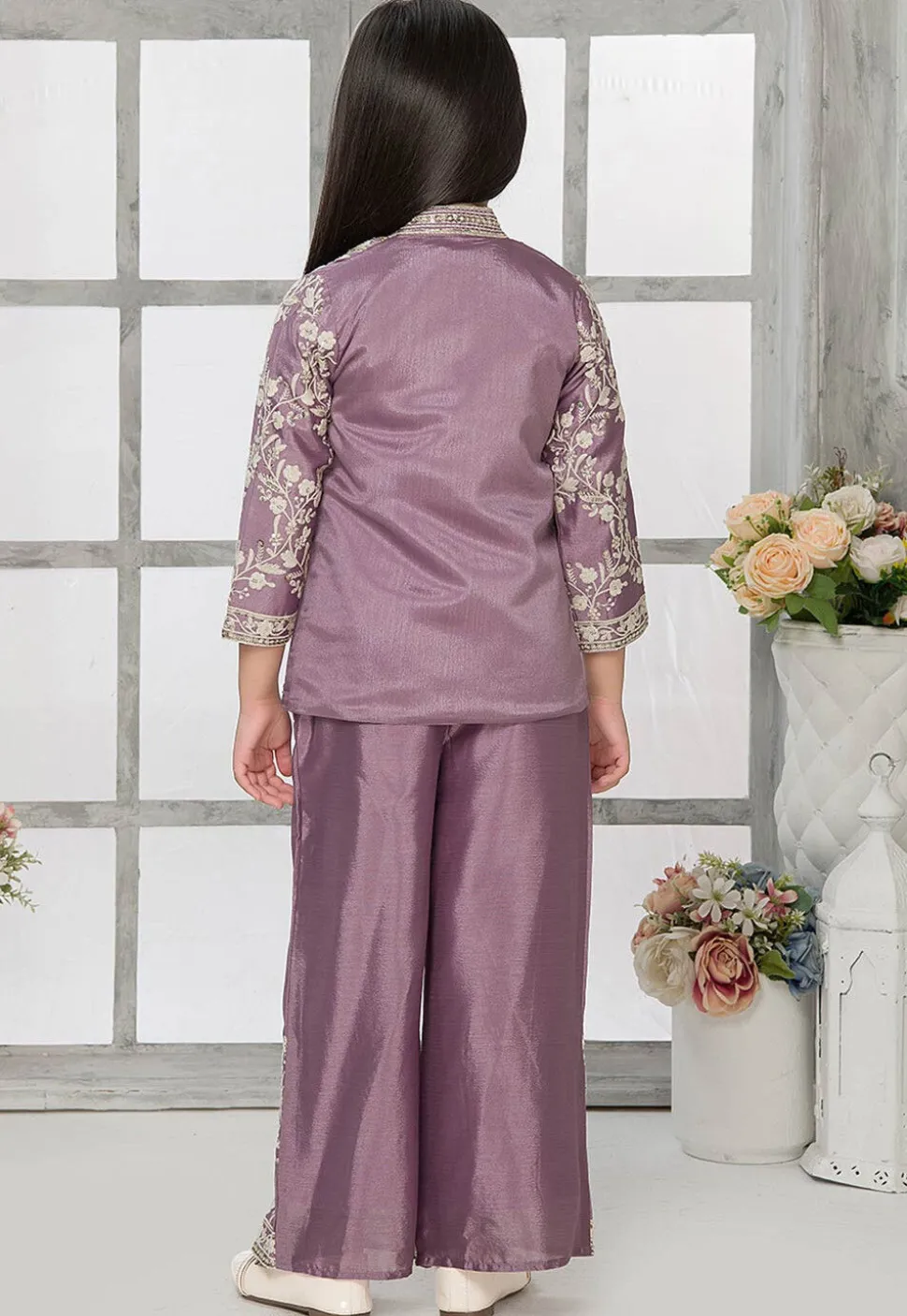 Embroidered Tissue Silk Crop Top Set in Light Purple