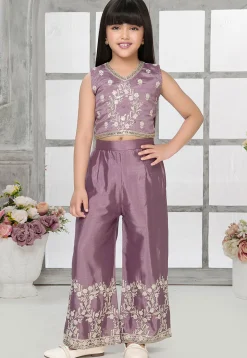 Embroidered Tissue Silk Crop Top Set in Light Purple