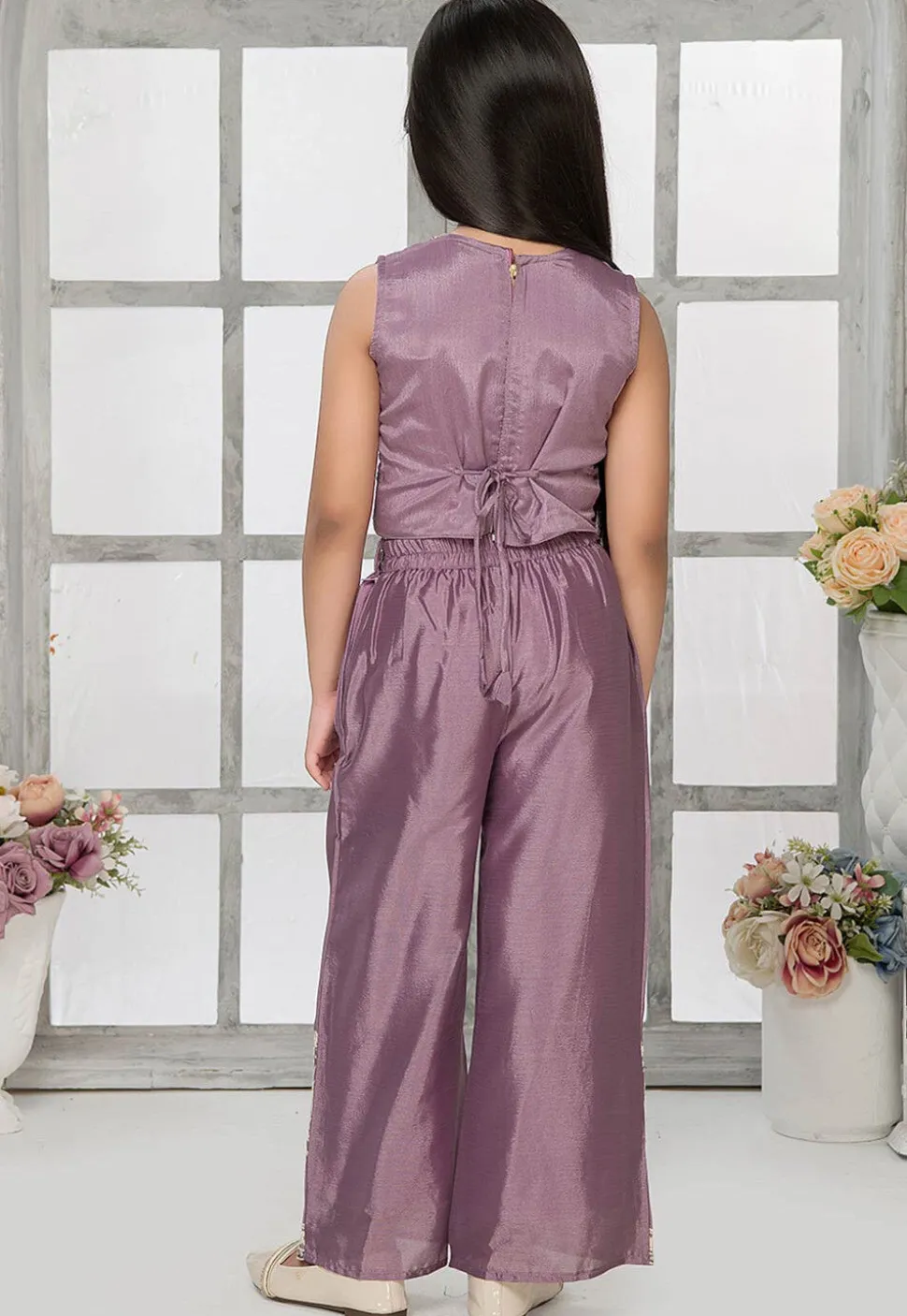 Embroidered Tissue Silk Crop Top Set in Light Purple