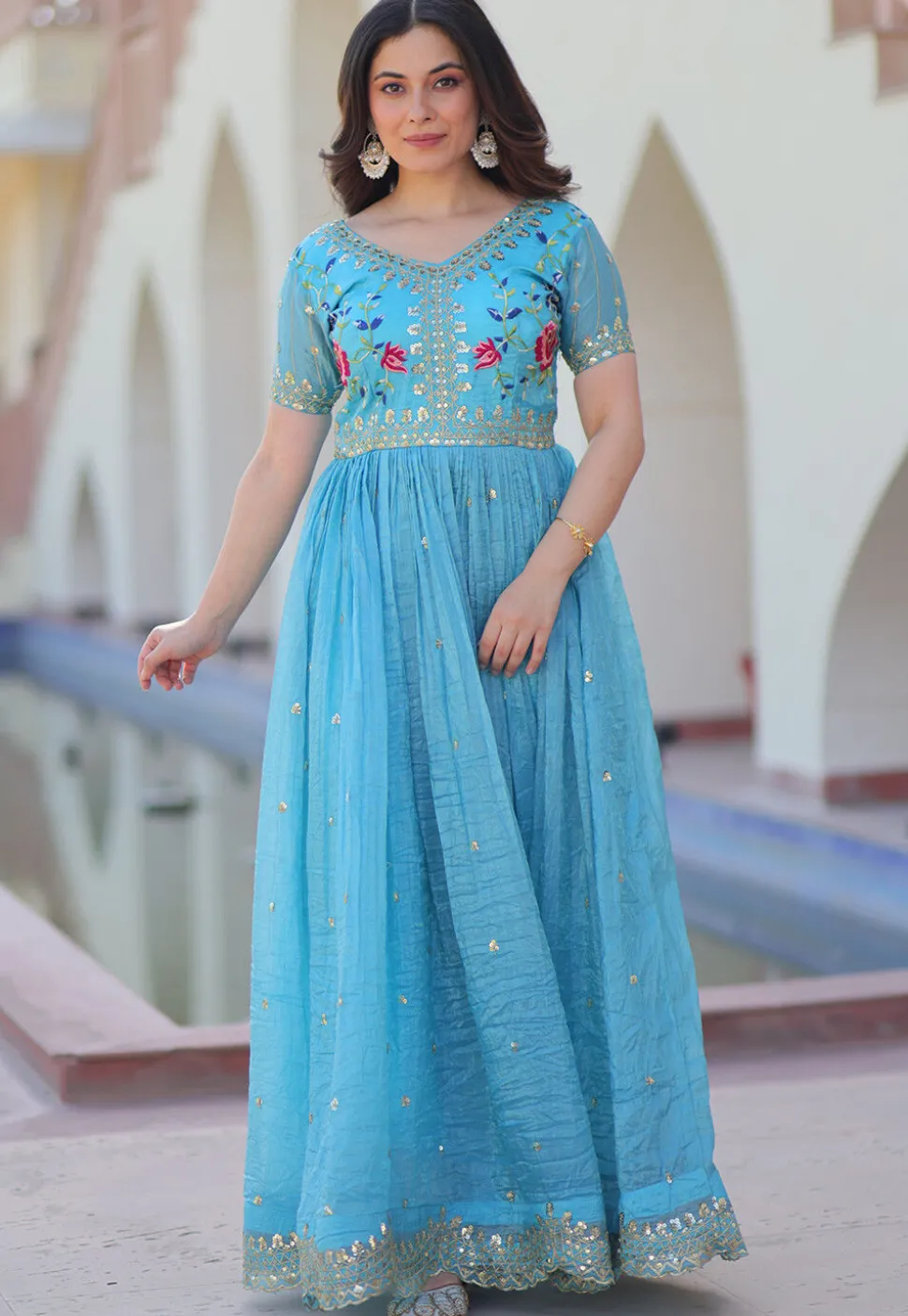 Embroidered Tissue Silk Gown in Light Blue