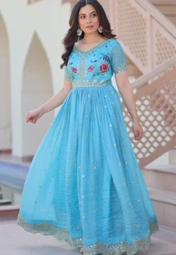 Embroidered Tissue Silk Gown in Light Blue