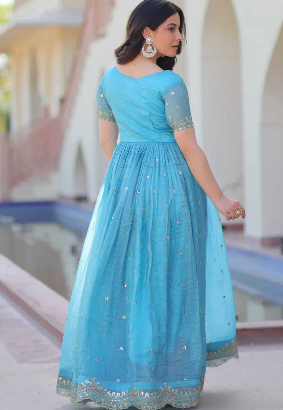Embroidered Tissue Silk Gown in Light Blue