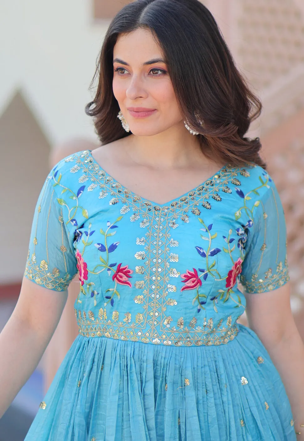 Embroidered Tissue Silk Gown in Light Blue