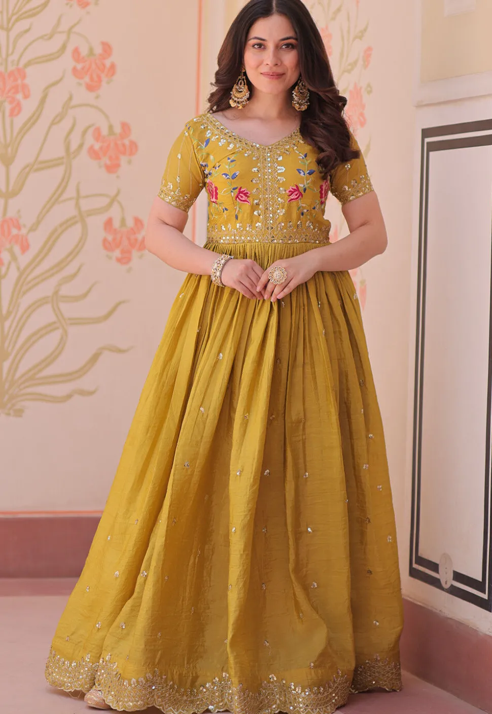 Embroidered Tissue Silk Gown in Mustard