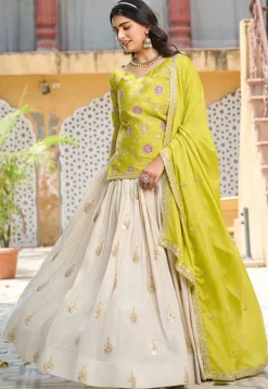 Embroidered Tissue Silk Lehenga in Cream