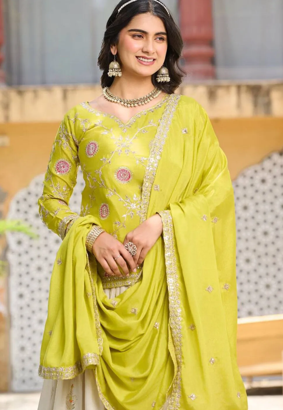 Embroidered Tissue Silk Lehenga in Cream