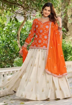 Embroidered Tissue Silk Lehenga in Cream