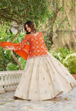 Embroidered Tissue Silk Lehenga in Cream
