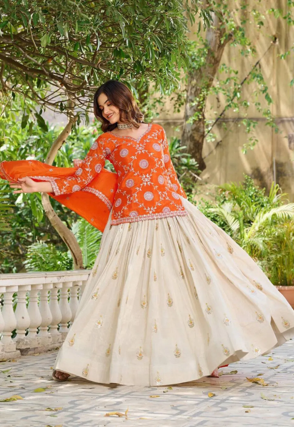 Embroidered Tissue Silk Lehenga in Cream