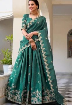 Embroidered Tissue Silk Lehenga in Teal Green