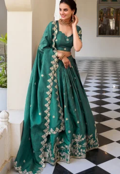 Embroidered Tissue Silk Lehenga in Teal Green