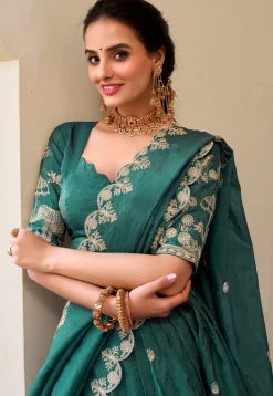 Embroidered Tissue Silk Lehenga in Teal Green