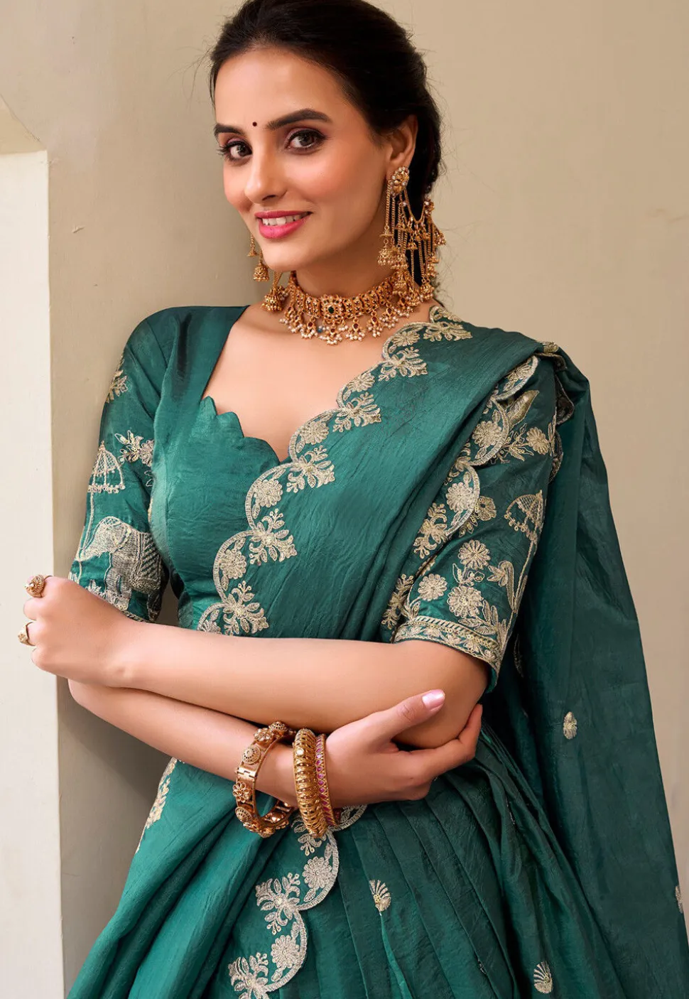 Embroidered Tissue Silk Lehenga in Teal Green