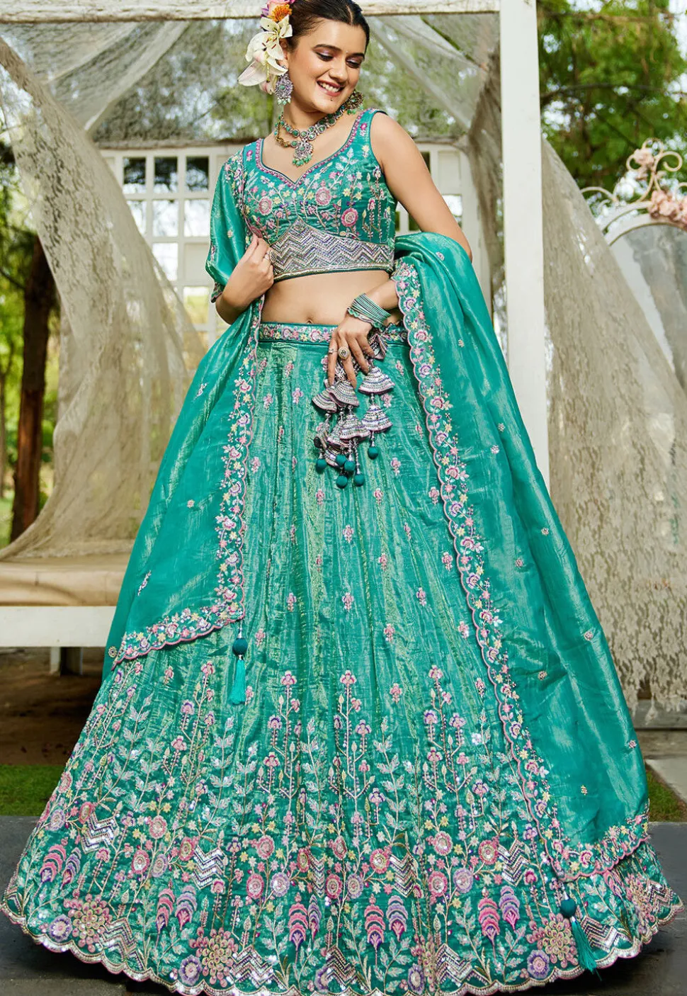 Embroidered Tissue Silk Lehenga in Light Green