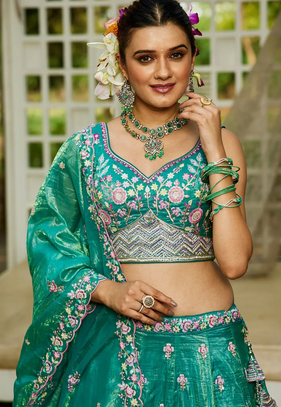 Embroidered Tissue Silk Lehenga in Light Green