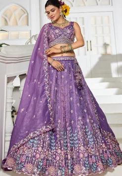 Embroidered Tissue Silk Lehenga in Purple