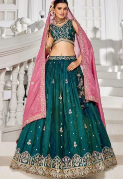 Embroidered Tissue Silk Lehenga in Teal Blue