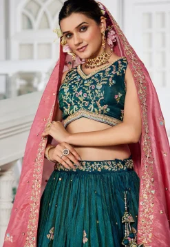 Embroidered Tissue Silk Lehenga in Teal Blue