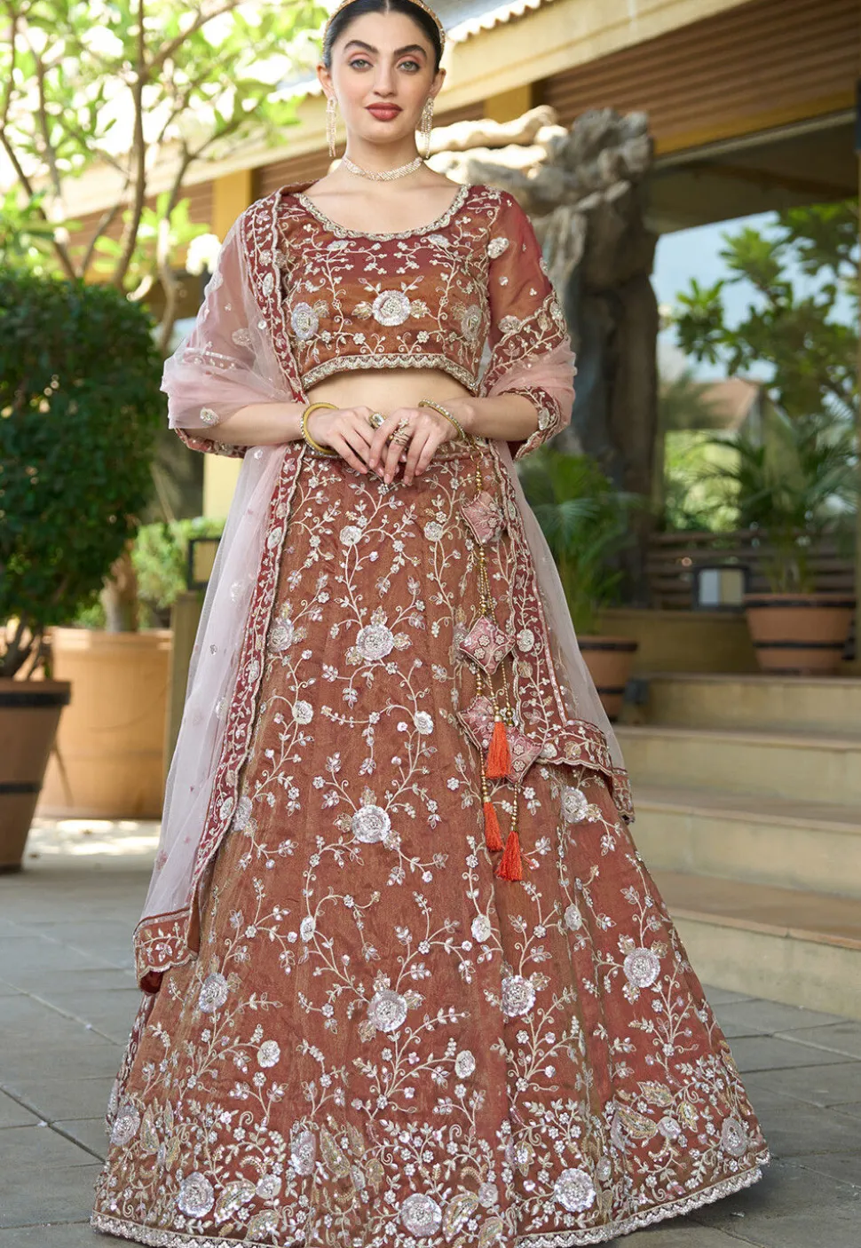 Embroidered Tissue Silk Lehenga in Brown